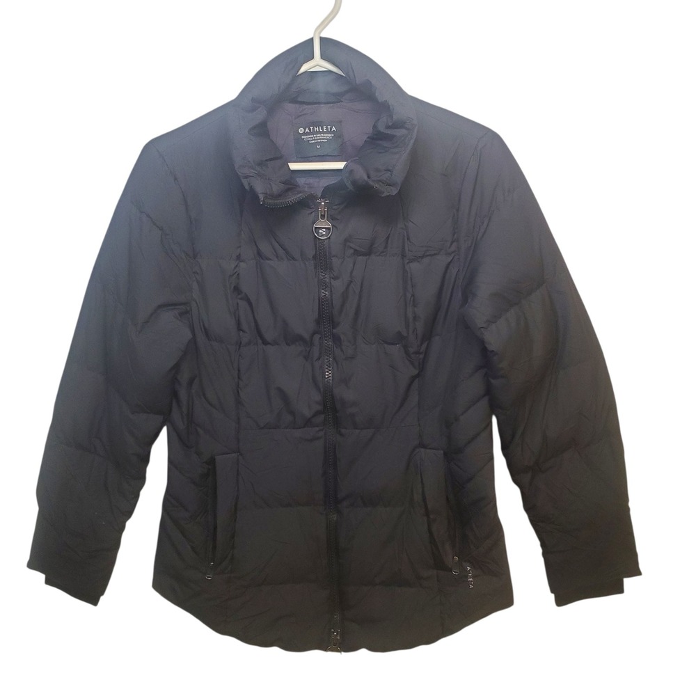 Athleta Downtown Puffer Jacket Women's Size Medium Black Down Feathers Full Zip